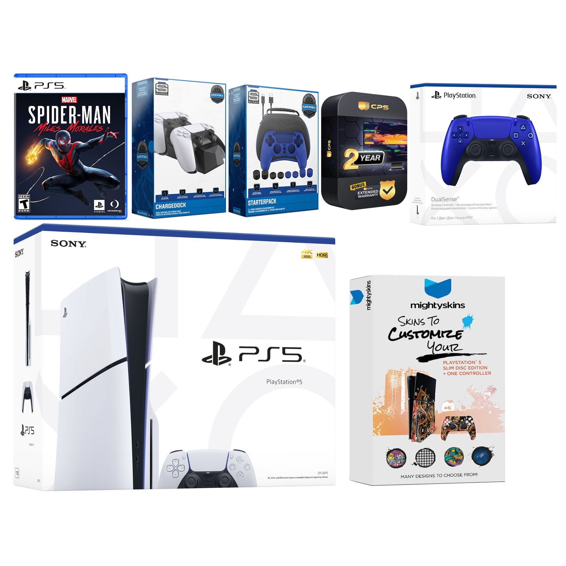 Sony Playstation 5 Slim Disc with Spider-Man: Miles Morales, Extra Cobalt Blue Controller, Gamer Kit, Charge Dock and MightySkins Decal Voucher + 2 Year CPS Extended Warranty