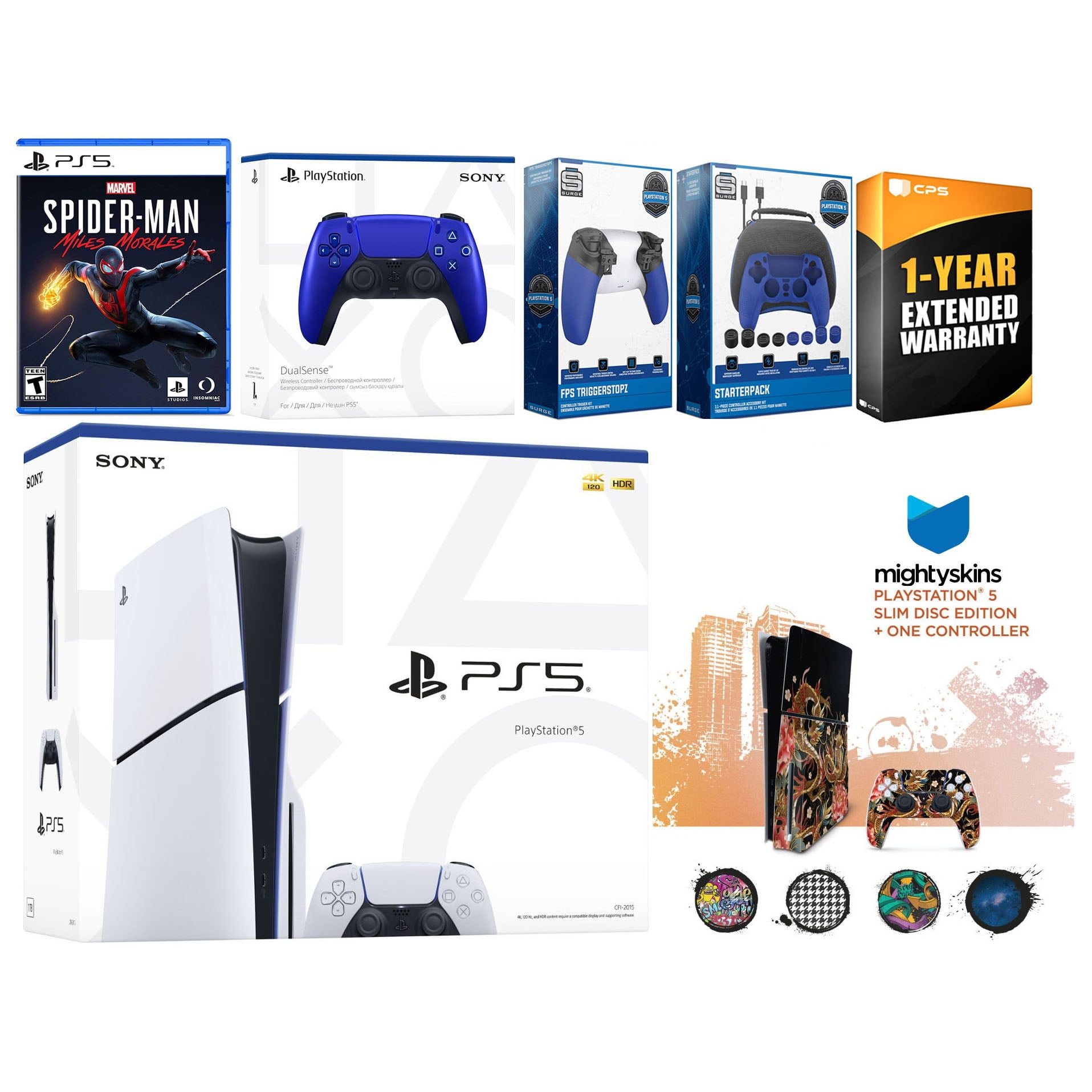 Sony Playstation 5 Slim Disc with Spider-Man: Miles Morales, Extra Cobalt Blue Controller, Gamer Kit, Trigger Kit and MightySkins Decal Voucher + 1 Year CPS Extended Warranty