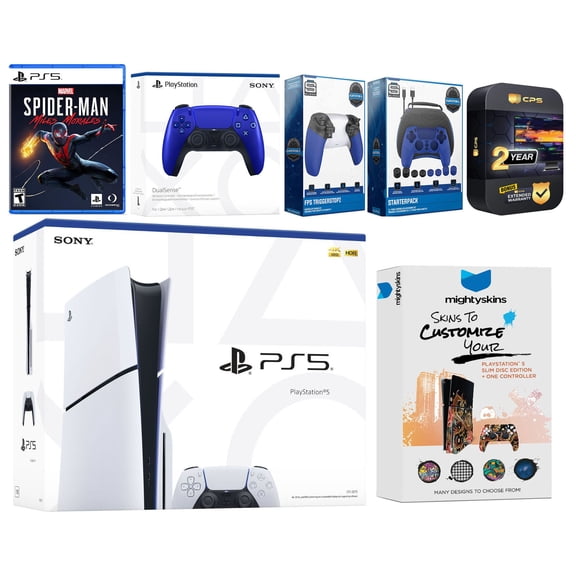 Sony Playstation 5 Slim Disc Bundle with Spider-Man: Miles Morales, Extra Cobalt Blue Controller, Gamer Kit, Trigger Kit and MightySkins Decal Voucher Plus 2 Year CPS Extended Warranty