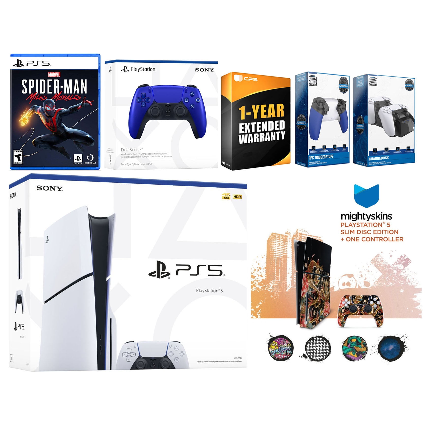 Sony Playstation 5 Slim Disc with Spider-Man: Miles Morales, Extra Cobalt Blue Controller, Trigger Stop Kit, Charge Dock and MightySkins Decal Voucher + 1 Year CPS Extended Warranty