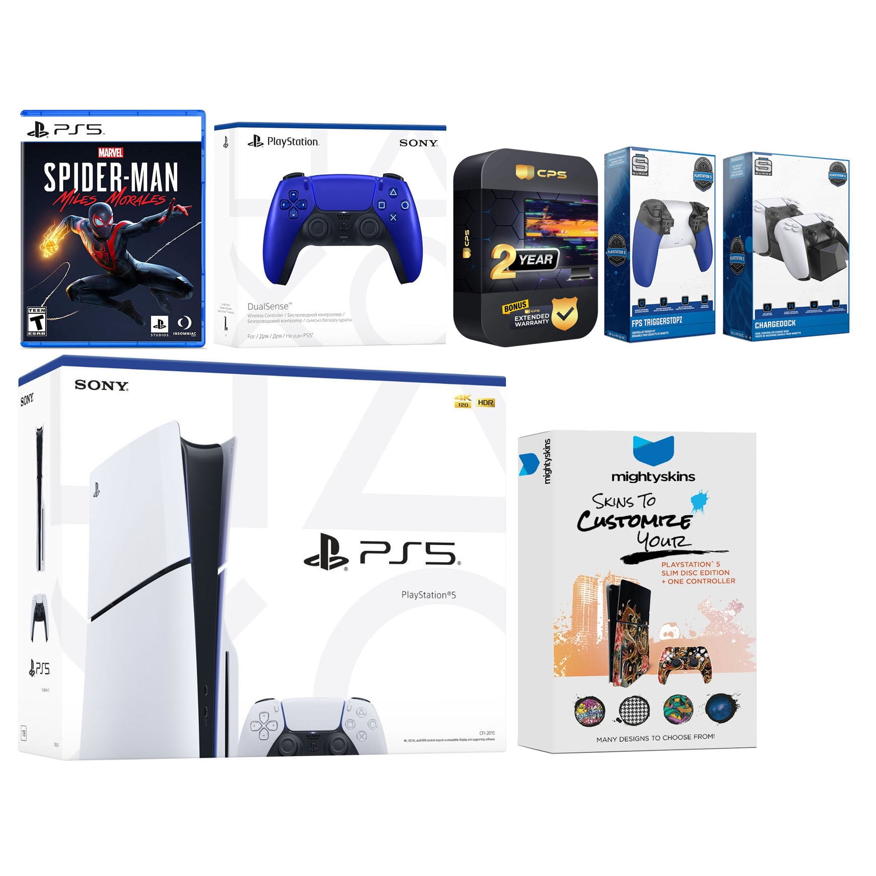 Sony Playstation 5 Slim Disc with Spider-Man: Miles Morales, Extra Cobalt Blue Controller, Trigger Stop Kit, Charge Dock and MightySkins Decal Voucher + 2 Year CPS Extended Warranty