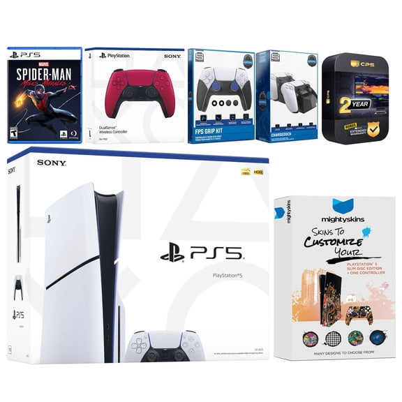 Sony Playstation 5 Slim Disc with Spider-Man: Miles Morales, Extra Cosmic Red Controller, FPS Grip Kit, Charge Dock and MightySkins Decal Voucher + 2 Year CPS Extended Warranty