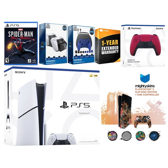 Sony Playstation 5 Slim Disc with Spider-Man: Miles Morales, Extra Cosmic Red Controller, Gamer Kit, Charge Dock and MightySkins Decal Voucher + 1 Year CPS Extended Warranty