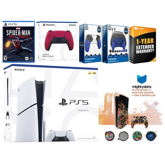 Sony Playstation 5 Slim Disc with Spider-Man: Miles Morales, Extra Cosmic Red Controller, Gamer Kit, Trigger Kit and MightySkins Decal Voucher + 1 Year CPS Extended Warranty