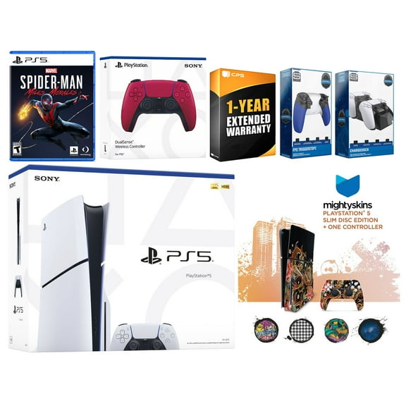 Sony Playstation 5 Slim Disc with Spider-Man: Miles Morales, Extra Cosmic Red Controller, Trigger Stop Kit, Charge Dock and MightySkins Decal Voucher + 1 Year CPS Extended Warranty
