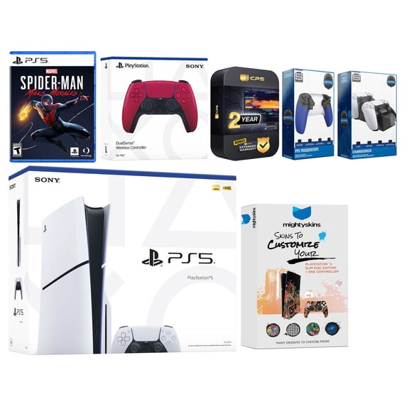 Sony Playstation 5 Slim Disc with Spider-Man: Miles Morales, Extra Cosmic Red Controller, Trigger Stop Kit, Charge Dock and MightySkins Decal Voucher + 2 Year CPS Extended Warranty