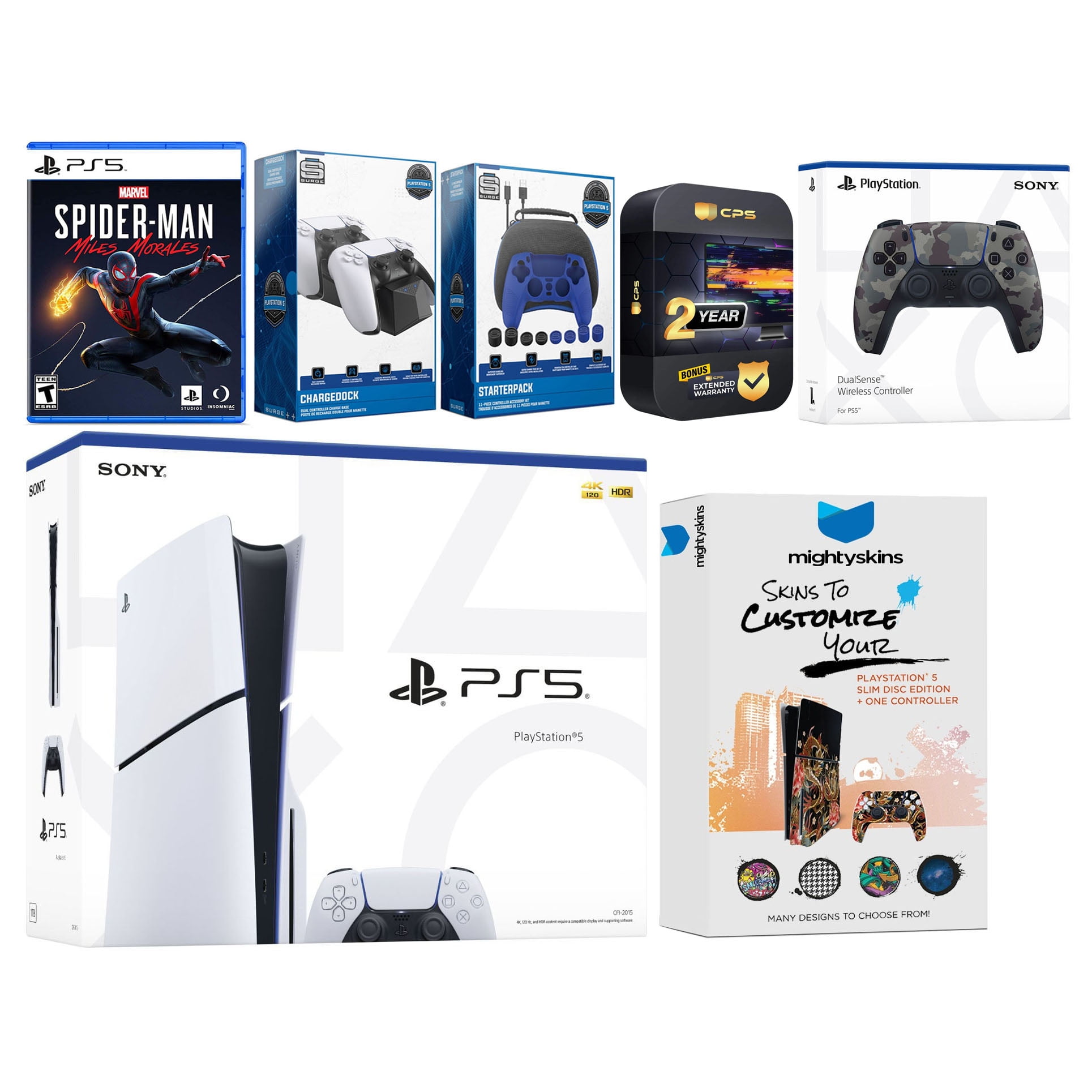 Sony Playstation 5 Slim Disc Bundle with Spider-Man: Miles Morales, Extra Gray Camo Controller, Gamer Kit, Dual Charge Dock and MightySkins Decal Voucher Plus 2 Year CPS Extended Warranty