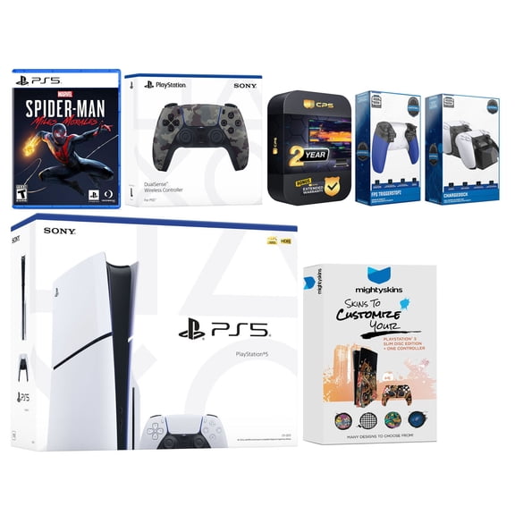 Sony Playstation 5 Slim Disc with Spider-Man: Miles Morales, Extra Gray Camo Controller, Trigger Stop Kit, Charge Dock and MightySkins Decal Voucher + 2 Year CPS Extended Warranty