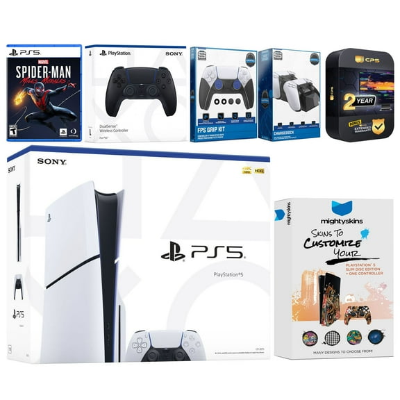 Sony Playstation 5 Slim Disc with Spider-Man: Miles Morales, Extra Midnight Black Controller, FPS Grip Kit, Charge Dock and MightySkins Decal Voucher + 2 Year CPS Extended Warranty