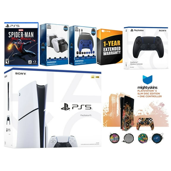 Sony Playstation 5 Slim Disc with Spider-Man: Miles Morales, Extra Midnight Black Controller, Gamer Kit, Charge Dock and MightySkins Decal Voucher + 1 Year CPS Extended Warranty