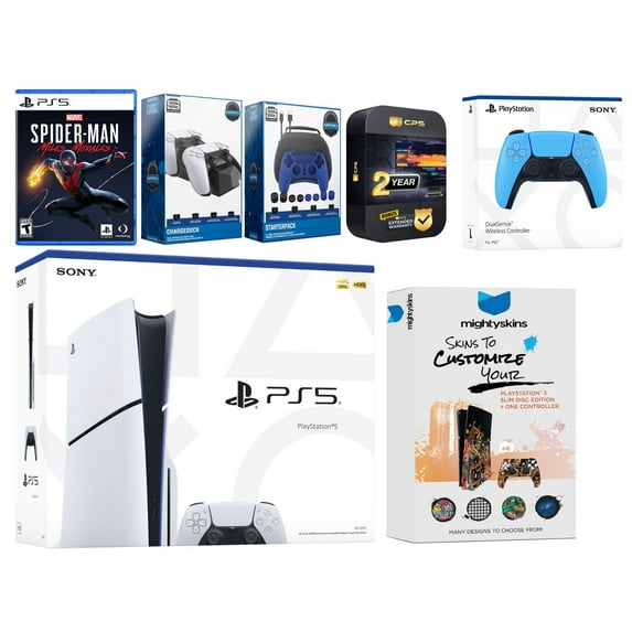 Sony Playstation 5 Slim Disc with Spider-Man: Miles Morales, Extra Starlight Blue Controller, Gamer Kit, Charge Dock and MightySkins Decal Voucher + 2 Year CPS Extended Warranty
