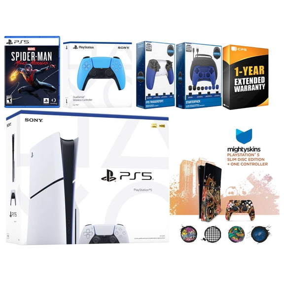 Sony Playstation 5 Slim Disc with Spider-Man: Miles Morales, Extra Starlight Blue Controller, Gamer Kit, Trigger Kit and MightySkins Decal Voucher + 1 Year CPS Extended Warranty