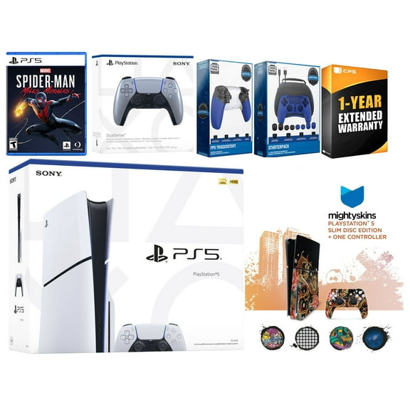 Sony Playstation 5 Slim Disc with Spider-Man: Miles Morales, Extra Sterling Silver Controller, Gamer Kit, Trigger Kit and MightySkins Decal Voucher + 1 Year CPS Extended Warranty
