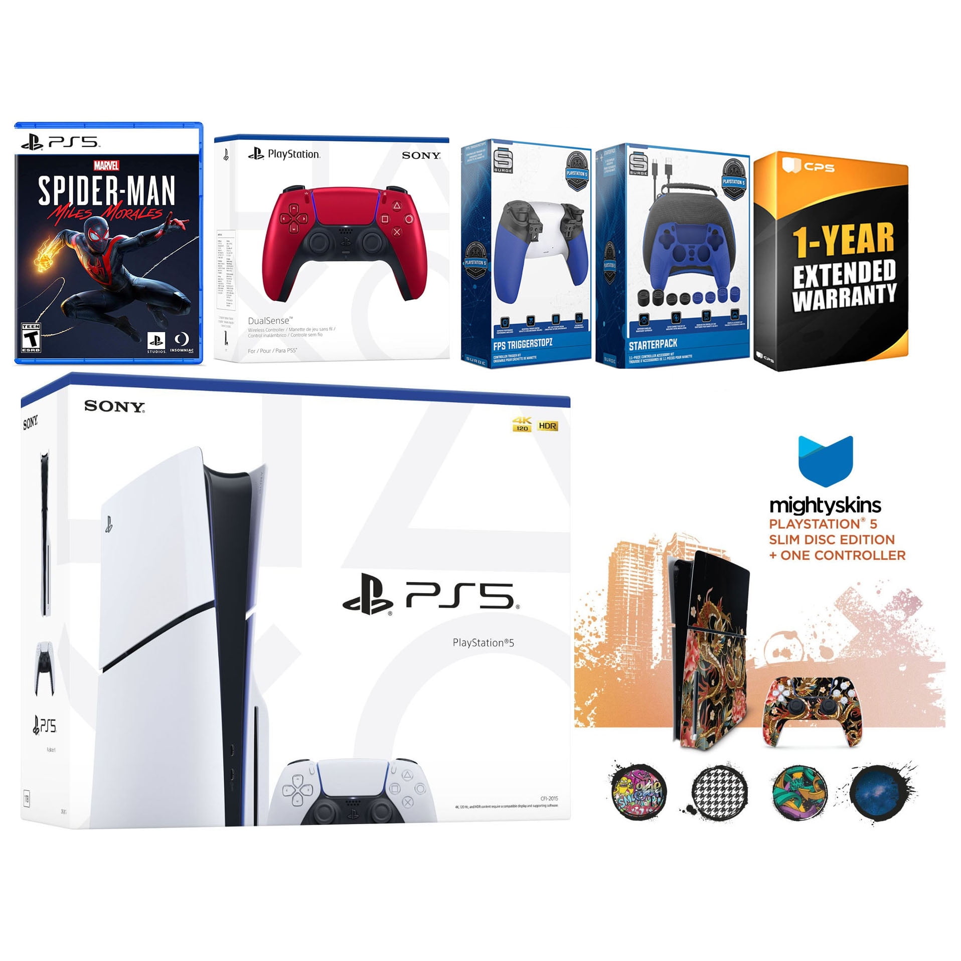 Sony Playstation 5 Slim Disc with Spider-Man: Miles Morales, Extra Volcanic Red Controller, Gamer Kit, Trigger Kit and MightySkins Decal Voucher + 1 Year CPS Extended Warranty