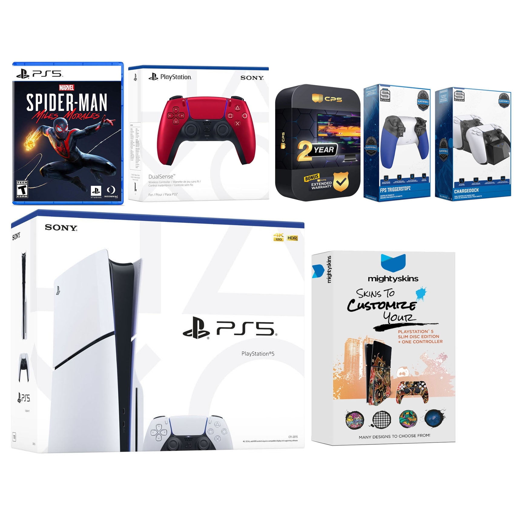 Sony Playstation 5 Slim Disc with Spider-Man: Miles Morales, Extra Volcanic Red Controller, Trigger Stop Kit, Charge Dock and MightySkins Decal Voucher + 2 Year CPS Extended Warranty