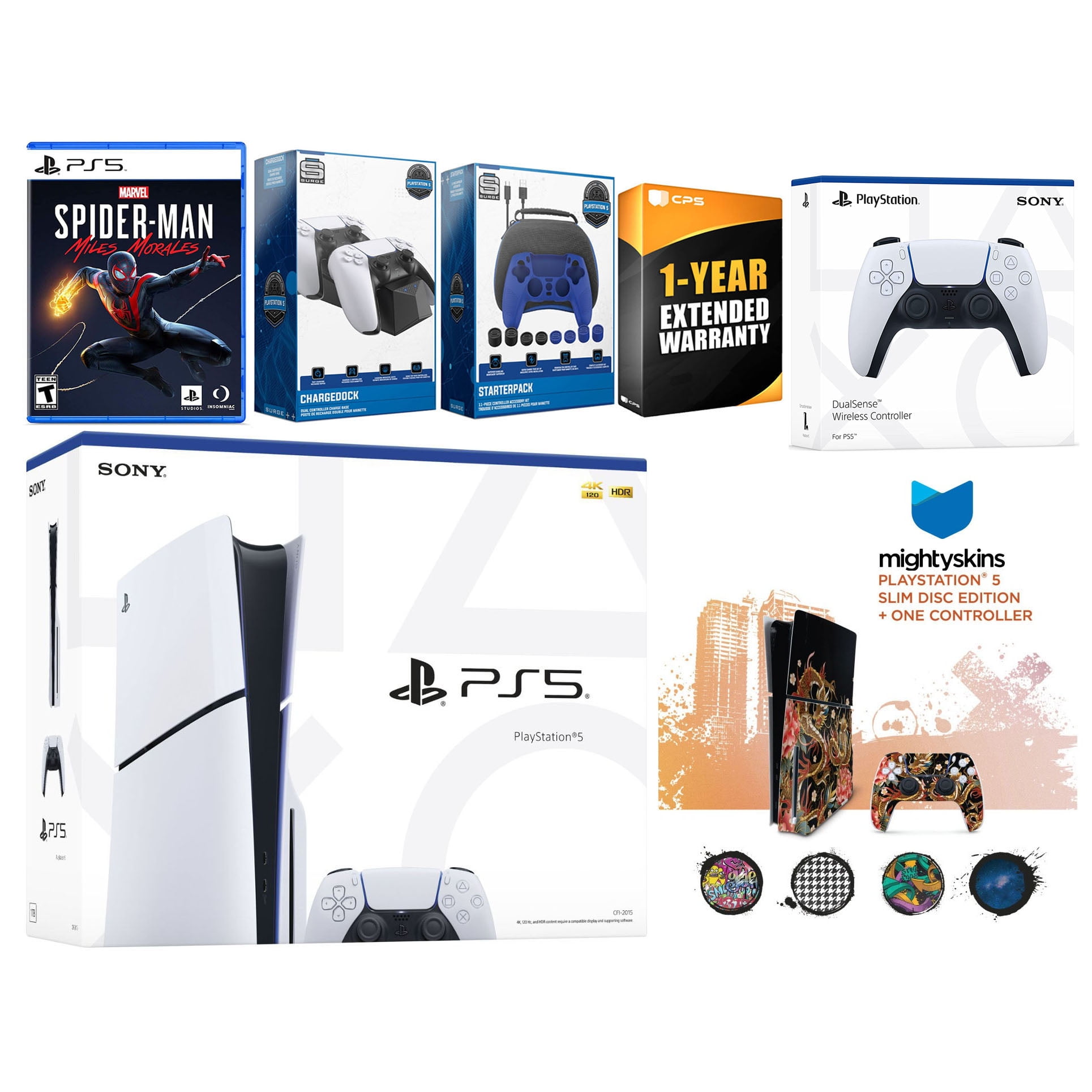 Sony Playstation 5 Slim Disc with Spider-Man: Miles Morales, Extra White Controller, Gamer Kit, Charge Dock and MightySkins Decal Voucher + 1 Year CPS Extended Warranty
