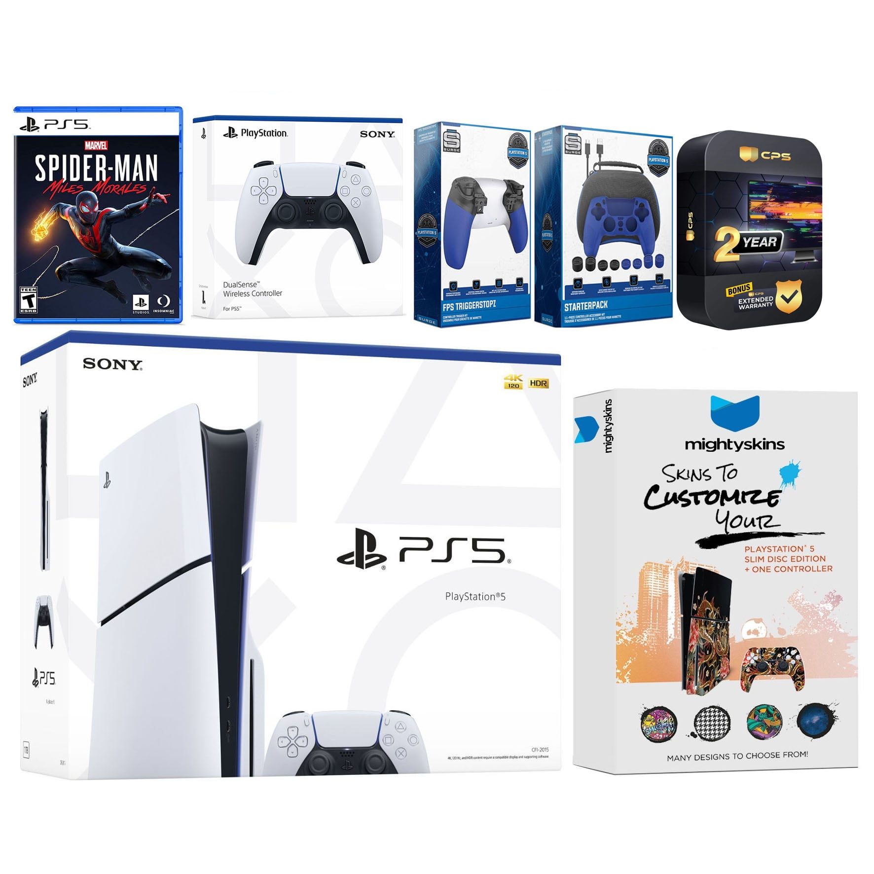 Sony Playstation 5 Slim Disc with Spider-Man: Miles Morales, Extra White Controller, Gamer Kit, Trigger Kit and MightySkins Decal Voucher + 2 Year CPS Extended Warranty