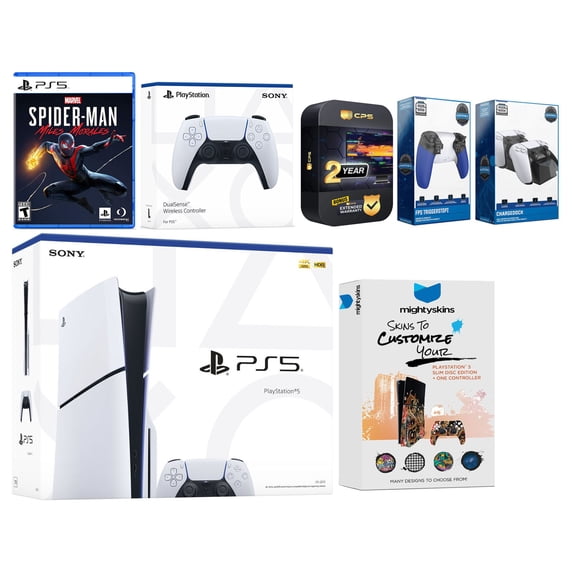 Sony Playstation 5 Slim Disc Bundle with Spider-Man: Miles Morales, Extra White Controller, Trigger Stop Kit, Dual Charge Dock and MightySkins Decal Voucher Plus 2 Year CPS Extended Warranty