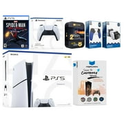 Sony Playstation 5 Slim Disc Bundle with Spider-Man Miles Morales, Extra White Controller, Trigger Stop Kit, Dual Charge Dock and MightySkins Decal Voucher Plus
