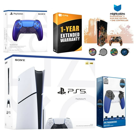 Sony Playstation 5 Slim Disc with Extra Chroma Indigo Controller, Trigger Stop Kit and MightySkins Decal Voucher Plus 1 Year CPS Extended Warranty
