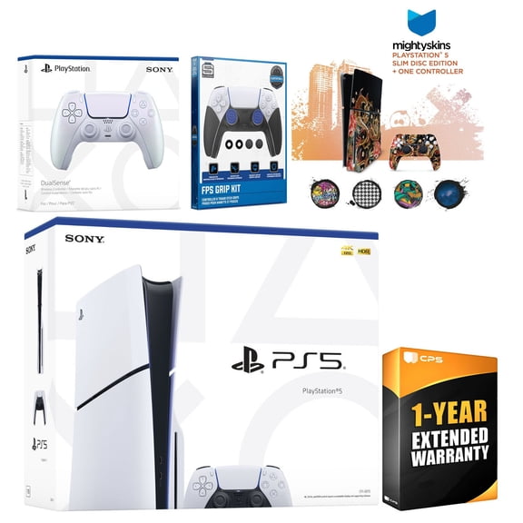 Sony Playstation 5 Slim Disc with Extra Chroma Pearl Controller, FPS Grip Kit and MightySkins Decal Voucher Plus 1 Year CPS Extended Warranty