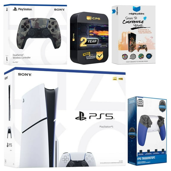 Sony Playstation 5 Slim Disc with Extra Gray Camo Controller, Trigger Stop Kit and MightySkins Decal Voucher Plus 2 Year CPS Extended Warranty