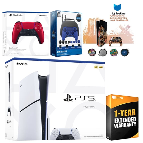 Sony Playstation 5 Slim Disc with Extra Volcanic Red Controller, Gamer Starter Kit and MightySkins Decal Voucher Plus 1 Year CPS Extended Warranty