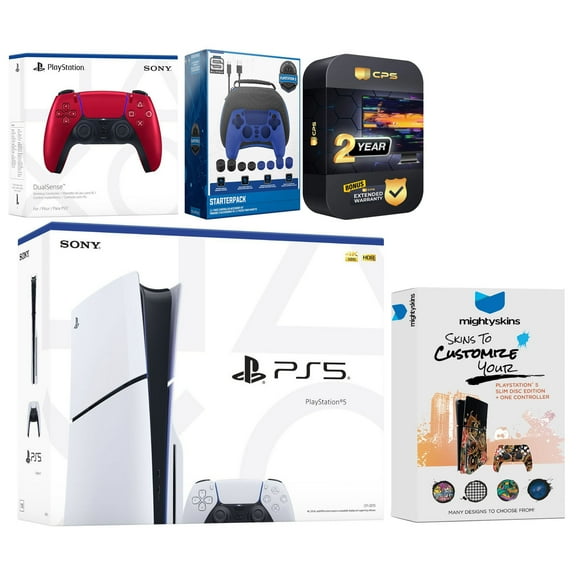 Sony Playstation 5 Slim Disc with Extra Volcanic Red Controller, Gamer Starter Kit and MightySkins Decal Voucher Plus 2 Year CPS Extended Warranty