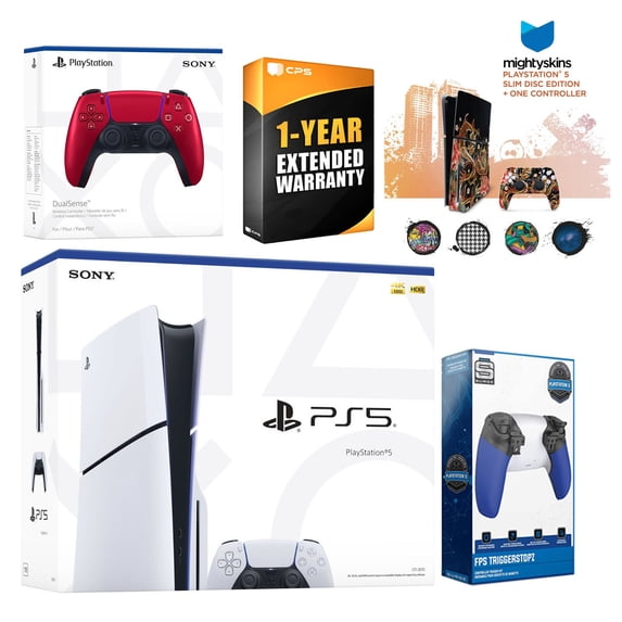 Sony Playstation 5 Slim Disc with Extra Volcanic Red Controller, Trigger Stop Kit and MightySkins Decal Voucher Plus 1 Year CPS Extended Warranty