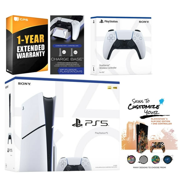 Sony Playstation 5 Slim Disc with Extra White Controller, Dual Charging Dock and MightySkins Decal Voucher Plus 1 Year CPS Extended Warranty