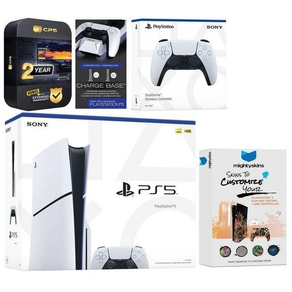 Sony Playstation 5 Slim Disc with Extra White Controller, Dual Charging Dock and MightySkins Decal Voucher Plus 2 Year CPS Extended Warranty