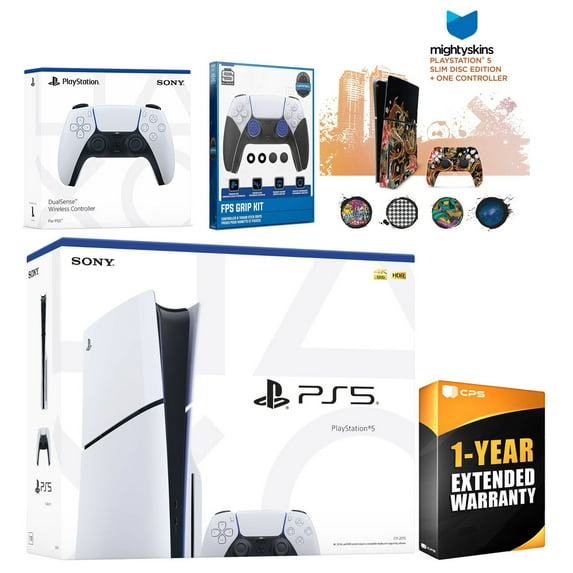Sony Playstation 5 Slim Disc with Extra White Controller, FPS Grip Kit and MightySkins Decal Voucher Plus 1 Year CPS Extended Warranty