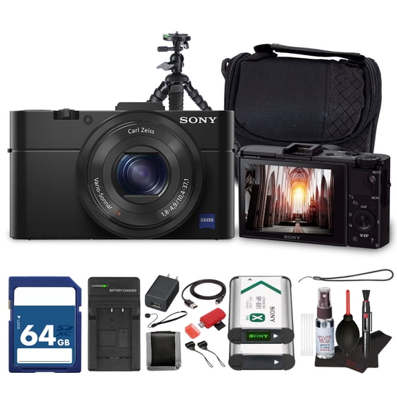 Sony RX100 II Digital Camera | Compact Premium Camera Bundle with 1" Sensor & Wi-Fi (DSC-RX100M2/B) + 64GB Card + Camera Bag + Battery Charger + NP-BX1 Replacement + Flexible Tripod + More (15 Items)