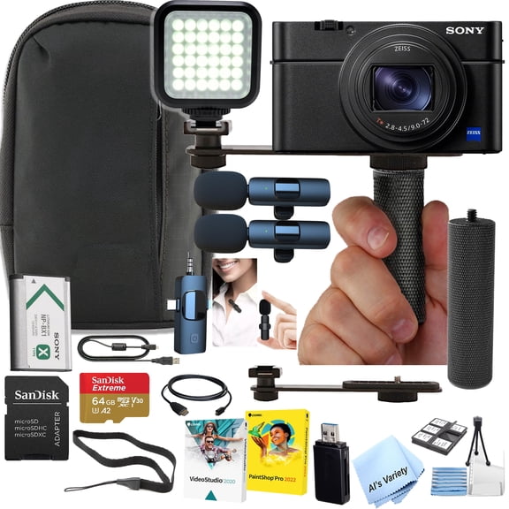 Sony RX100 VII 1.0-Type Stacked CMOS Sensor + 64GB Extreme Memory, Wireless Lavalier Microphones, LED Light, Case, Grip, Software, and More (Video Creator Bundle) - International Version