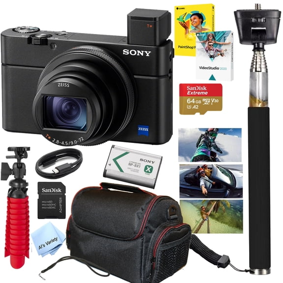 Sony RX100 VII Premium Compact Camera with 1.0-Type Stacked CMOS Sensor + 64GB Extreme Memory, Selfie Stick, Tripod, Software (Top Value Bundle)-International Version