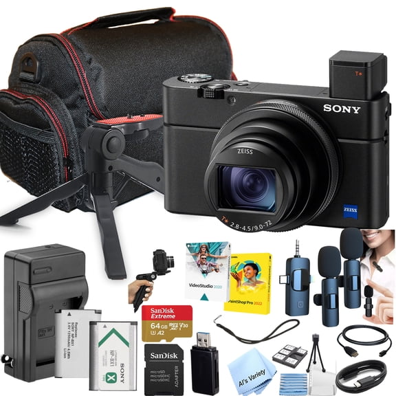 Sony RX100 VII Premium Compact Camera with 1.0-Type Stacked CMOS Sensor + 64GB Memory, Wireless Lavalier Microphones, , Case, Tripod, Software (Content Creator Bundle)- International Version