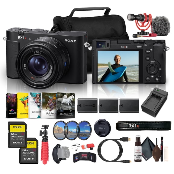 Sony RX1R III Full-Frame Compact Camera 35mm Lens, 4K Video, Fast Hybrid AF, EVF, Pro-Grade Lightweight Travel & Street Camera (DSCRX1RM3) + 2 x 64GB Card +VideoMic + Photo Software + More