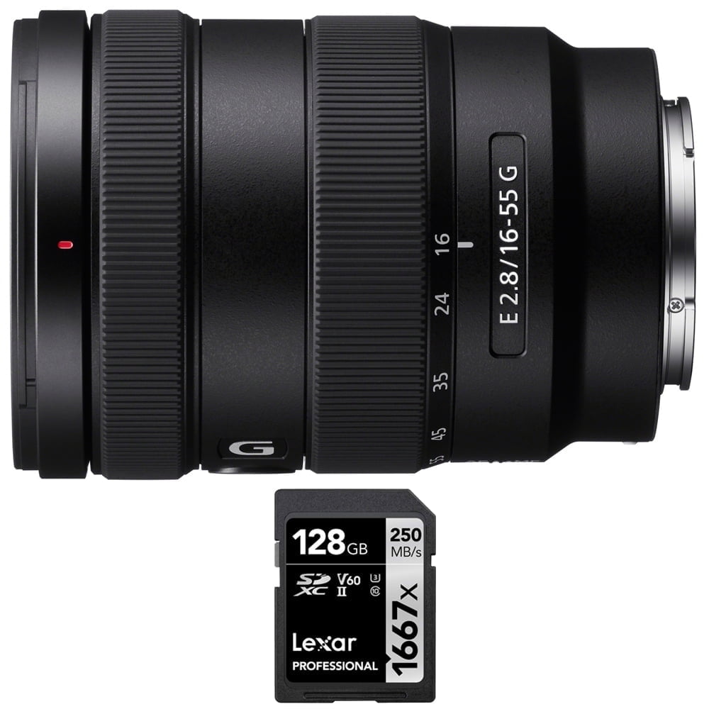 Sony SEL1655G E 16-55mm F2.8 G Lens Bundle with Lexar Professional SDHC / SDXC 1667x UHS-II 128GB Memory Card