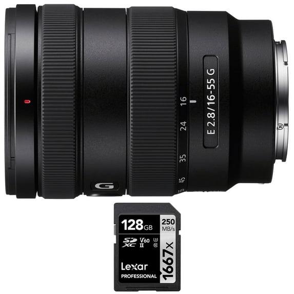 Sony SEL1655G E 16-55mm F2.8 G Lens Bundle with Lexar Professional SDHC / SDXC 1667x UHS-II 128GB Memory Card