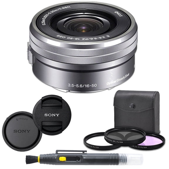 Sony SELP1650 16-50mm Power Zoom Lens (Silver) + 8PC Kit Includes 3 Piece Filter Kit (UV-CPL-FLD) + Front & Rear Lens Caps + Cleaning Pen - Sony E PZ 16-50mm f/3.5-5.6 OSS Lens - International Version