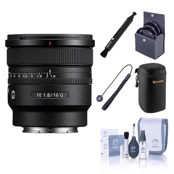 Sony SONY FE 16mm f/1.8 G Lens, Black WITH Pro Optic 67mm Filter Kit with Adorama 8" Large Slinger Lens Case, LensPen Cleaner, Cleaning Kit & Universal Lens Cap Tether