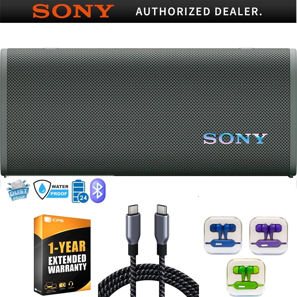 Sony SRSULT30/H ULT Field 3 Wireless Portable Bluetooth Speaker, Forest Gray Bundle w/ 1 Year Protection Pack + Deco Essentials 6 Ft Braided USB-C to USB-C Cable + Mizco Travelocity In-Ear Headphone