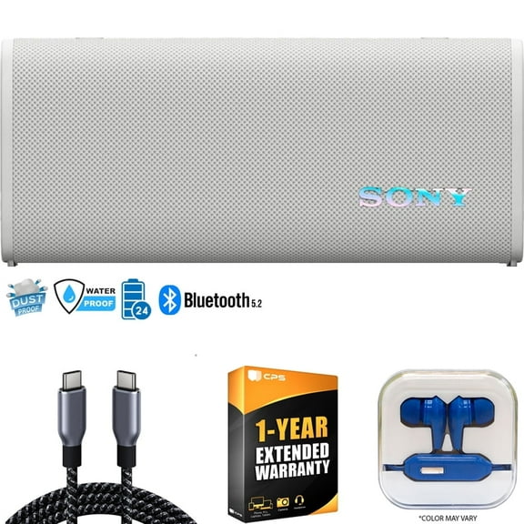Sony SRSULT30/W ULT Field 3 Wireless Portable Bluetooth Speaker, Off-White Bundle with 1 YR CPS Extended Warranty, Mizco Travelocity In-Ear Headphone & Deco Essentials Braided USB-C to USB-C Cable