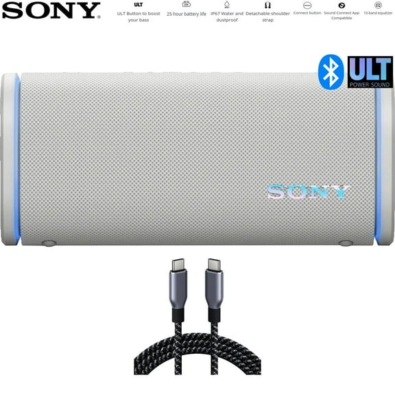 Sony SRSULT50W ULT Field 5 Wireless Portable Bluetooth Speaker Off-White Bundle with Deco Essentials 6 Foot Braided USB-C to USB-C Cable