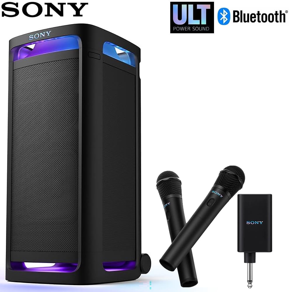 Sony SRSULT900AC ULT POWER SOUND Series ULT TOWER 9AC Party Speaker Bluetooth Black Bundle with Sony ULT POWER SOUND series ULT MIC Wireless Microphone (2 Mics, 1 Receiver)
