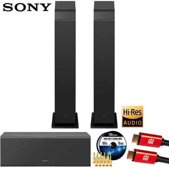 Sony SS-CS3M2 3-way 4-driver Hi-res Floorstanding Speaker, Black (Pair) 2025 Bundle with 2-way 3-driver Center Channel Speaker, 100ft Speaker Wire Cable, 5-Pair Banana plugs and HDMI Cable