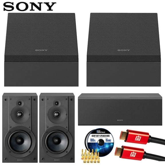 Sony SS-CSEM2 Dolby Atmos Enabled Upfiring Height Speakers, Pair (2025) Bundle with Center Channel Speaker, Bookshelf Speakers (Pair), 100ft Speaker Wire Cable, 5-Pair Banana plugs and HDMI Cable