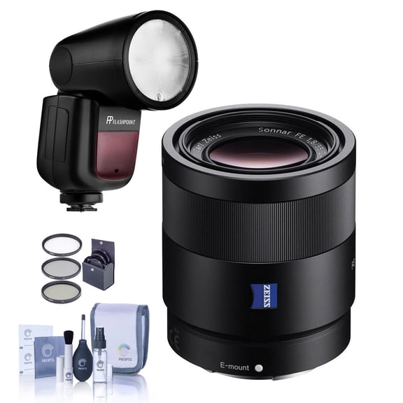 Sony Sonnar T* FE 55mm f/1.8 ZA Lens for Sony E, Bundle with Flashpoint Zoom Li-on X R2 TTL Flash, 49mm Filter Kit, Cleaning Kit