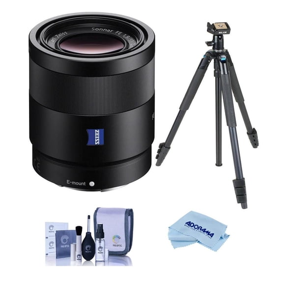 Sony Sonnar T* FE 55mm f/1.8 ZA Lens for Sony E, Bundle with Flip-Zip 4-Section Aluminum Multi-Functional Photo Tripod, Cleaning Kit, Cleaning Cloth