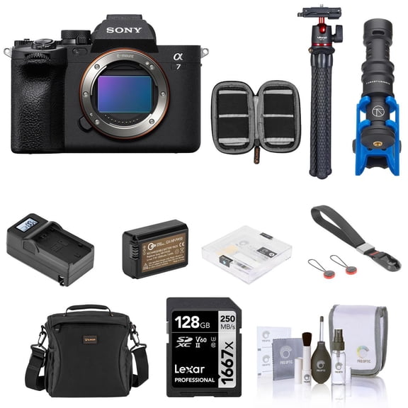 Sony Alpha a7 IV Full Frame Mirrorless Digital 4K Camera - Bundle with 128GB SD Card, Shoulder Bag, Extra Battery, Charger, Wrist Strap, Mic, Tripod, Screen Protector, SD Card Case, Cleaning Kit